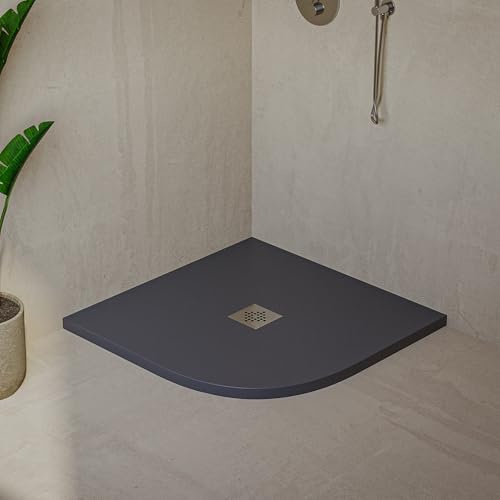Plato de ducha Semicircular SOULHOME Resina y Carga Mineral Antideslizante 90x90 cm Antracita - Rejilla Inox