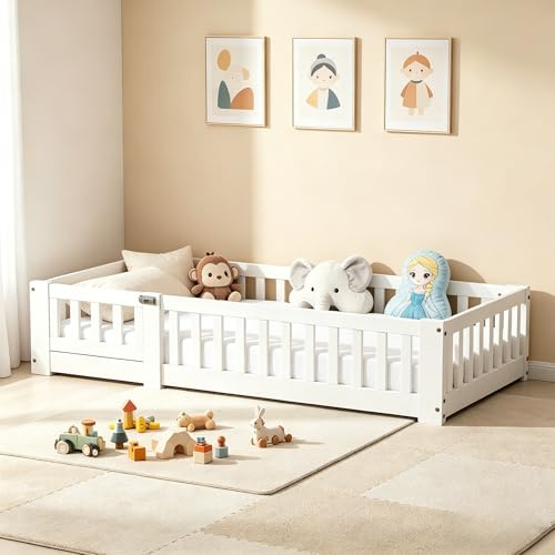 UTTQEW Cama Infantil Cama de Suelo 90x190 cm, Cama Infantil Montessori con protección contra caídas y somier, Cuna Juvenil, Cama Individual para niños y niñas de Pino, sin colchón(Blanco A)