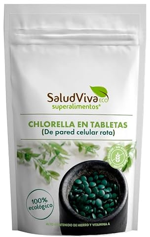 Chlorella en Tabletas Salud Viva Bio 125 g, chlorella ecológica 100%, suplemento vegano en tabletas, sin gluten, sin lactosa y sin azúcares añadidos, formato práctico diario.