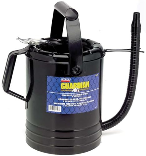 Lincoln G525 5 Quart Fluid Measuring Can, 14 Flexible Spout with Tapered Tip, Thumb Operated Control Valve, One Hand Operation, Rolled Top Edge, Recessed Bottom Drain, Black