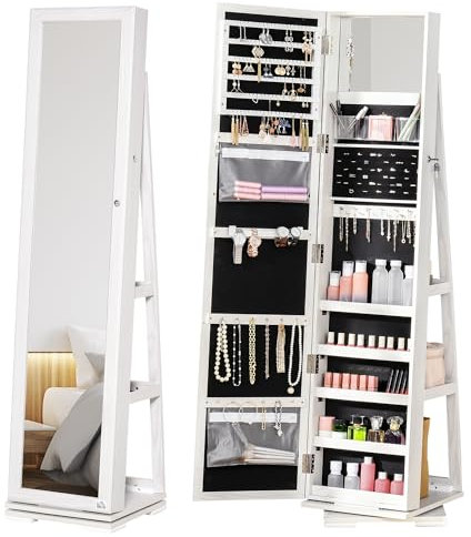HOMCOM Armoire à Bijoux pivotante verrouillable boîte à bijoux avec Miroir - Armoire Bijoux Multi-Rangement - en Bois Blanc
