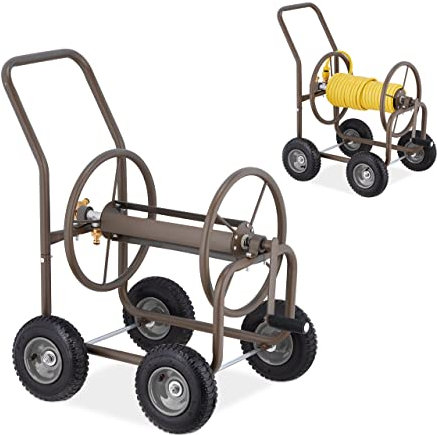 Relaxdays Dévidoir Tuyau d’arrosage, Jusqu’à 60 m de Tuyau, 4 Roues à air, attelage à clic, Chariot métal, Marron