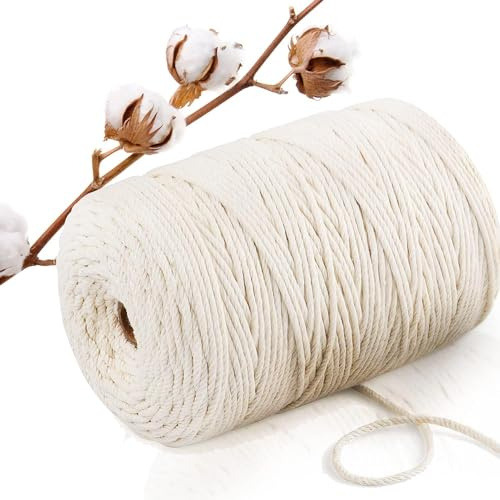 Abio Makramee Garn Weiß 3mm 200m Baumwollgarn Macrame Cord Kordel Garn für Makramee Schnur Makrameegarn Baumwollschnur Baumwollkordel Baumwolle Naturweiß 3mm 200m