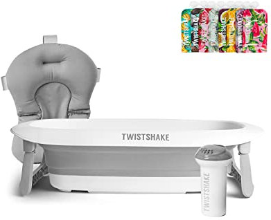 Twistshake Kit de Bain pour Bébé - Lot de 4 | Baignoire Pliable + Coussin + Gobelet de Rinçage + 8x Sachets Alimentaires de 220ml | Léger - Portable - Facile à Nettoyer|Design Ergonomique|Sans BPA/BPS