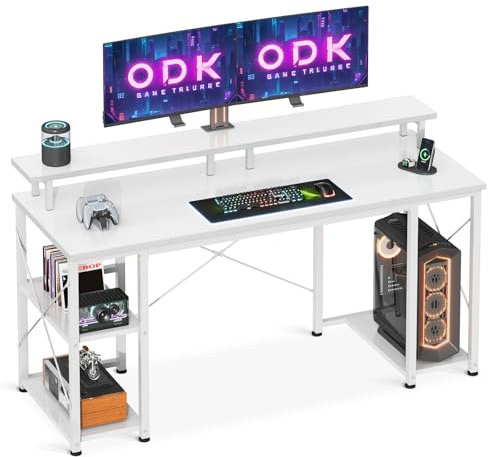 ODK Schreibtisch mit Regal Reversibel, Computertisch mit Monitorständer und Regalen, Gaming Tisch PC Tisch Bürotisch mit Bücherregal Kleiner für Heimbüro(Weiß, 120x50x86.5)