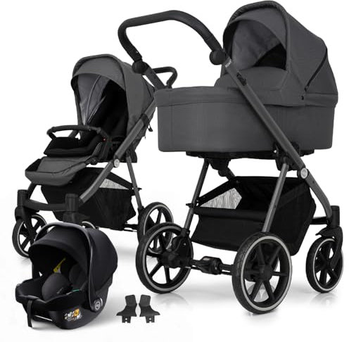 my junior® NOAX² 3-in-1-Kinderwagen inkl. Babyschale, Liegewanne, Sportsitz, Adapter, geräumiger Einkaufskorb in Downtown Grey