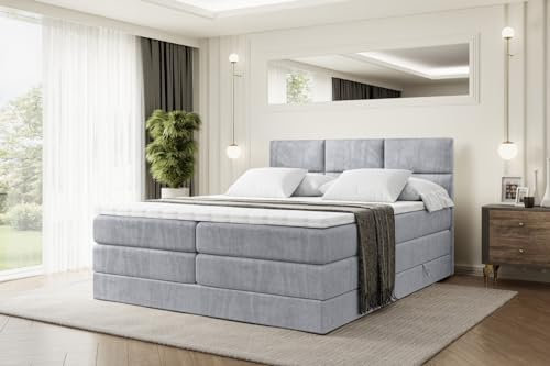 ALTDECOR Boxspringbett mit Matratze und Lattenrost, Topper, Polsterbett mit Bettkasten, Bett mit Stauraum H3- und H4- Matratze, Doppelbett, Springboxbett - Ohio King - 200x200 - Grau Monolith