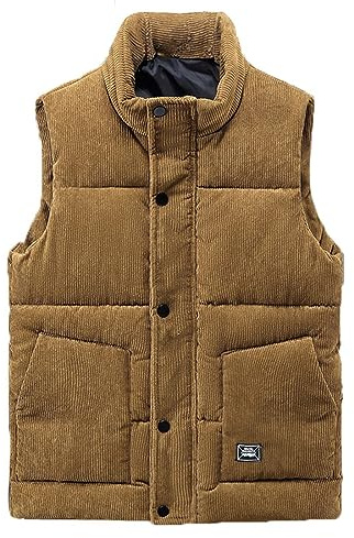 GIBZ Gilet Matelassée en Velours Côtelé Homme Veste Doudoune Matelassée sans Manches Blousons Extérieur Chauds pour Hiver Travail, Brun, L