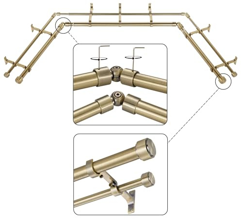 Mayrhyme Antique Bronze Double Corner Window Curtain Rods with Aluminum End Cap Finials and Brackets,1 Inch Diameter Dual Bay Window Curtain Rods, Adjustable 2 Sided 20-36 and 36-72 Center Rod