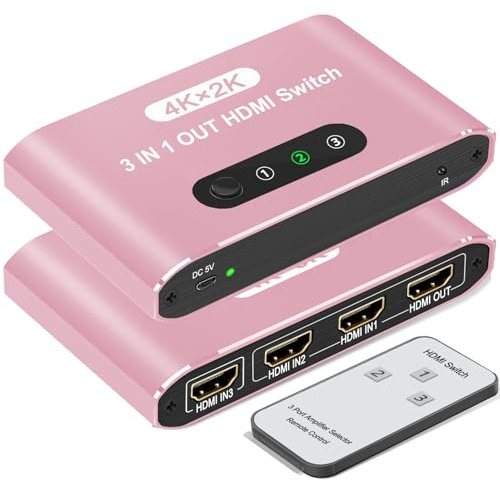 HDMI Switch 3 In 1 Out, 4K@60Hz HDMI Switcher Selector with Remote Control, Supports 4K 3D HD Monitor, Compatible with Laptop/PC/DVD Blu-Ray/PS5/PS4/Xbox/HDTV/Roku TV PC and More(Pink)