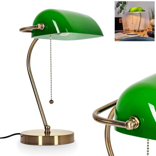HOFSTEIN Tischleuchte Tremoceira, Tischlampe aus Metall/Glas in Altmessing/Grün/Weiß, traditionelle Bankerlampe, Schreibtischlampe für Büros im Retro/Vintage-Design mit Zugnschnur, Höhe 38 cm, 1 x E27