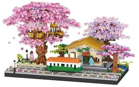 Lebenszauber Kirschblüten Baumhaus Klemmbausteine Set, Japanisches Szenenmodell mit Zug (3668 Teile), Kreativer Baukasten für Erwachsene & Kinder, Deko & Geschenkidee