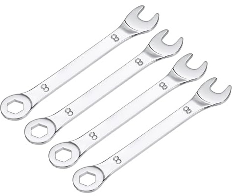 QUARKZMAN 4 stycken 8 mm ringskiftnyckelset, gaffelringsnyckel 6-punkts ände 15 graders offset, öppen skiftnyckel set stål silver för handverktyg hushåll reparationer