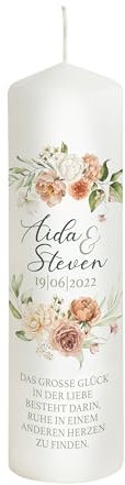 Scheinvoll® Hochzeitskerze Vintage Apricot Blumen mit Namen, Datum und Spruch - Modell Aida - Personalisierte Kerze zur Hochzeit (25 x 8 cm)