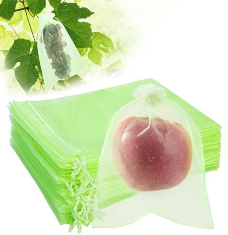 SmileLucky 50PCS Fruit Protection Bags with Drawstring, 15x20cm Green Organza Produce Bags for Fruit Trees, Mesh Netting for Garden Protection