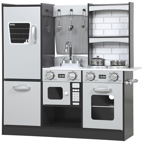 AIYAPLAY Cocina de Juguete de Madera con Sonido, Cocinita Infantil con Accesorios de Acero Inoxidable, Nevera, Microondas, Fregadero, 81x27x79,7 cm, Marrón Oscuro