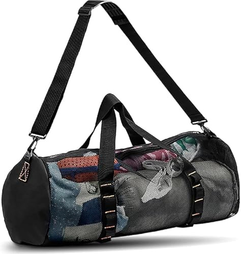 kokkoya Mesh Dive Duffle Bag for Scuba and Wetsuits Diving Equipment Mask | Black open mesh drains water and sand; adjustable shoulder strap for scuba and beach gear, folds flat for suitcase storage,