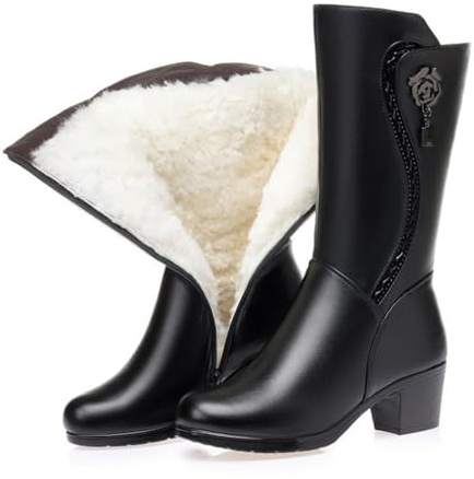 Glamidea Bottes de Neige Noires pour Femmes à Talon Bloc Mi-Mollets Chaudes et Doublées D'hiver Élégantes avec Fermeture Éclair Imperméables et Antidérapantes Bottes de Loisirs Confortables