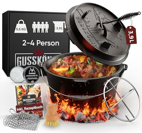 GUSSKÖNIG Essential Line Dutch Oven Set 3,9Liter [für 2-4 Person]–Eingebrannter Feuertopf ohne Füße+Deckelheber, Edelstahl-Untersetzer, Ringreiniger, Pflegepaste, Bürste & Rezeptbuch–30 Jahre Garantie