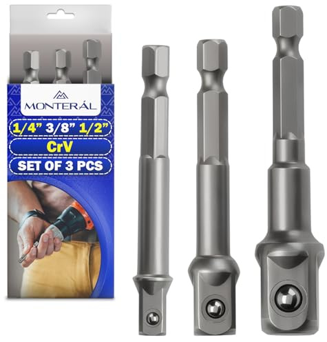 3 Piezas Llave de Vaso Adaptador 1/4 3/8 1/2 para Taladro y Atornillador - Adaptador Taladro Llave de Vaso con Vástago Hexagonal de 1/4” - en Acero de Aleación al Cromo Vanadio CrV - MONTERAL