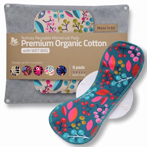 Compresas reutilizables en algodón orgánico para flujo abundante e incontinencia (L+XL, 6 uds.); lavables a alta T°, HECHAS EN LA UE; suaves, no irritantes y cómodas, compresas de tela para mujeres