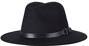 QUUPY Retro Breite Krempe Fedora Hut mit Gürtelschnalle Klassische Panama Hut Fedora Casual Elegante Jazz Cap Herbst Winter Warm für Frauen Männer Performance Party Show Tägliche Kleidung (Schwarz)