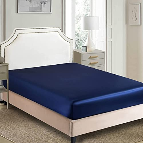 Silky Satin Fitted Sheet - Bottom Sheet - Deep Pocket - Breathability Shrinkage and Fade Resistant-Easy Care -1 Fitted Sheet Only (Navy, Twin/TwinXL)