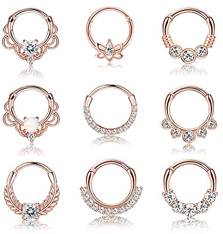 Kakonia 9Stk Septum Piercing Chirurgenstahl für Damen Herren 16G Zirkonia Nasenpiercing Ring Tragus Helix Daith Piercing Schmuck Roségold Septum Clicker Ring Set 8MM