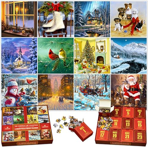 Einzigartiger Puzzle-Adventskalender 2025 – Sammlung von zwölf 100-teiligen Puzzles, Die Weihnachtskunst-Kollektion, 12 Tage Weihnachts-Countdown, Spaß für Kinder, Erwachsene und Familie