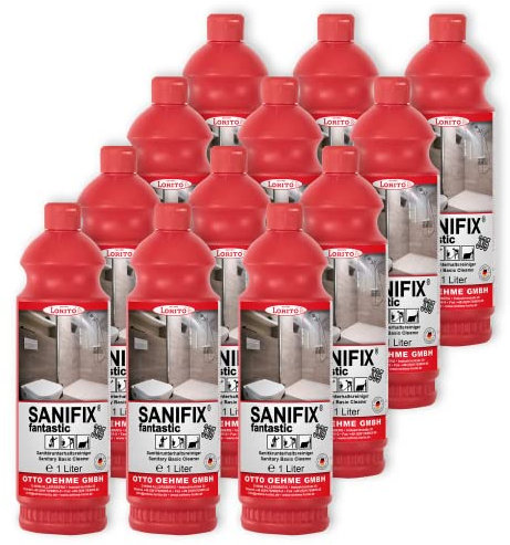 Lorito Sanifix Fantastic Sanitärreiniger Konzentrat, Kalklöser extra stark, Kalkentferner Dusche WC, Badreiniger für Keramik, Glas und Kunststoff, 12x 1 Liter