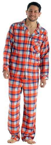 Bogari Mens Check Pyjama 2 Piece Set Brushed Cotton Flannel Warm and Comfortable Designed in Italy, Orange Check ZA06, L