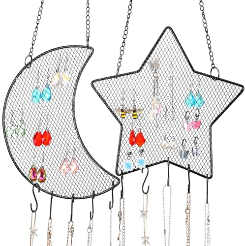 Jetec 2 Pcs Earring Wall Holder Wall Mounted Organizer Hanging Stand Decorative Diamond Grid Shape Jewelry Display Rack with Hanging Hooks for Earrings Necklace Bracelet(Black)
