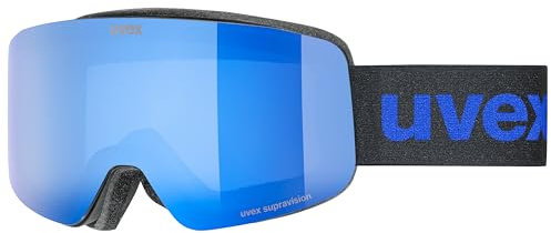 uvex pwdr FM - stylische, verspiegelte Skibrille mit weitem Sichtfeld und Anti-Fog-Beschichtung mit ausgewachsenen Features für Kinder - black matt/blue-clear - one size
