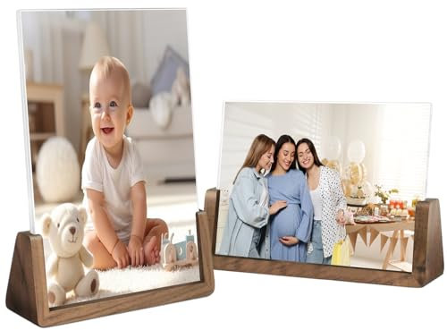 Mafagwre 2er Set Holz Bilderrahmen 13x18 cm, Mit Walnusssockel und Klarem Acrylrahmen, Bilderrahmen Set Holz Fotorahme Portraitrahmen für Tischplatte (Horizontal+Vertikal)