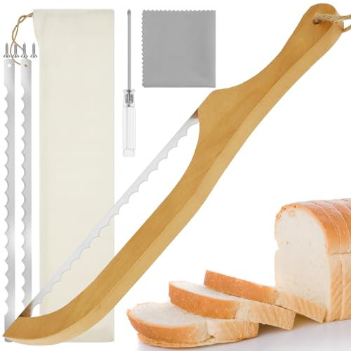 Fyeme 5 cuchillos de pan de 40 cm, mango de madera, cuchillo de pan con destornillador, paño de limpieza, bolsa de almacenamiento, 2 hojas de sierra para repostería, herramientas para hacer