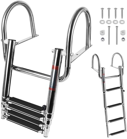 4 Step Boat Ladder, Stainless Steel Pontoon Ladder Heavy Duty with Pedal Hand Railing, Telescoping Boat Ladder Folding for Boat Yacht Dock Swimming Pool
