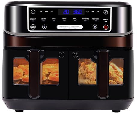 Heißluftfritteuse 2 kammern mit Sichtfenster, Emphsism 10L Doppel Airfryer XXL mit 2 * 5L Schubladen, Heissluftfritteuse mit Touchscreen 8 automatische Programme, Air Fryer Friteuse ohne Öl