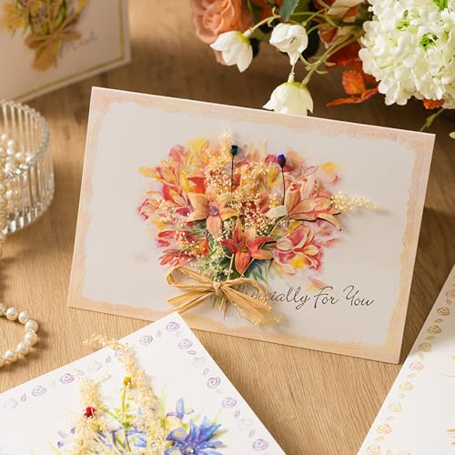 Dried Flower Greeting Card, Bouquet 3D Popup Greeting Cards, Lily Pop up Card, Family Gifts Birthday Card for Women Girls with Envelope, Thank You Card, Anniversary Card, Valentine Day Card