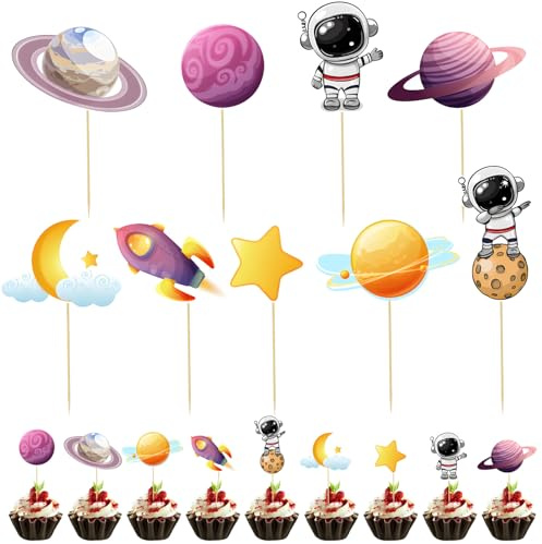 36 st utrymme astronaut cupcake-toppar, lätt att installera tårtdekoration för födelsedagsfest dekorationer, månstjärna planet jorden yttre rymden tårtdekorationer