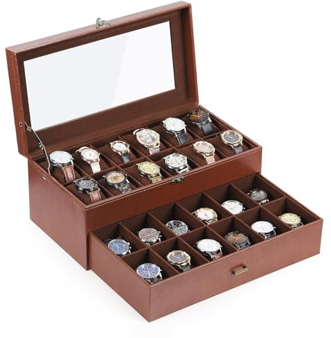 AUTOARK Leather & Velvet 24 Watch Box Glass Top Jewelry Display Drawer Lockable Case Organizer,Removable Watch Pillows,Coffee,MKAW033