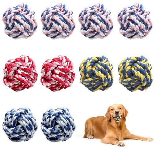 HENGBIRD Hund Seil Ball, 10 Stück Hundespielzeug Ball Seil, Geflochtener Baumwolle Langlebige Hundebälle für Hunde Zahnreinigung, Kauspielzeug für Welpen beim Zahnen, Nein Große Hunde, Hunde Ball