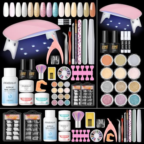 PEACECOLOR Acrylic Nail Kit With 15 Colors Powder, Lamp, Base Top Coat - Full Set for Beginners, Gift for Women