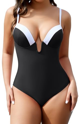 SHAPERIN Baddräkt med bygel för kvinnor i ett stycke med magkontroll push-up monokini rygglös en del badkläder, Svart, S