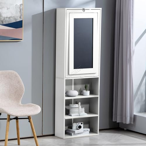 WestWood Foldable Computer Desk, Wall Mounted Work Table, Floating Desk with Blackboard and Bookshelf, Adjustable Shelves 9 Open Compartments Office Desk Storage Shelf (White)