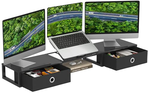 OYRREU Bildschirmerhöhung Laptop Erhöhung Höhenverstellbar, Stahlrahmen Monitorständer mit Schublade, Monitor Stand Monitorerhöhung 2 Monitore, Bildschirm Monitor Erhöhung Schreibtisch TV PC Ständer