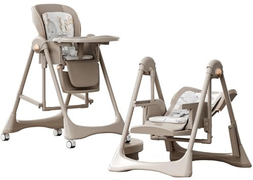 Magic ZC 2-in-1 Dining Mode und Swing Mode Baby Hochstühle Baby-Hochstuhl Kleinkind-Esszimmerstuhl Multifunktional Faltbar Umwandelbar mit 6 Verstellbaren Höhen und 3 Liegepositionen (8121 Khaki)