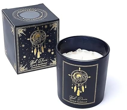 LivuX Manifestationsljus Boho Dreams 20 timmar – Glas med ädelstenar, 8 x 7 cm, handgjutet av soja- och palmvax, myrra och sandelträdoft, andelligt doftljus för meditation och ritualer 120 g 1267