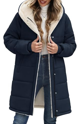 Vancavoo Abrigo Mujer Invierno Chaqueta Parka de Capucha Cálido Largo Jacket de Forro Polar Parka para Exteriores,Azul marino,M