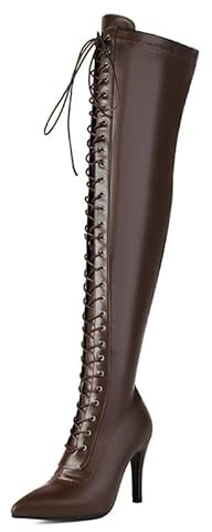 Veelau Meieer Stivali sopra il ginocchio da donna con lacci, in pizzo con tacchi alti, a spillo con chiusura lampo, marrone scuro., 42 EU
