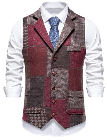 MakingDa Gilet de costume décontracté vintage patchwork coupe ajustée col en V avec poche pour homme, rouge vin, XXL